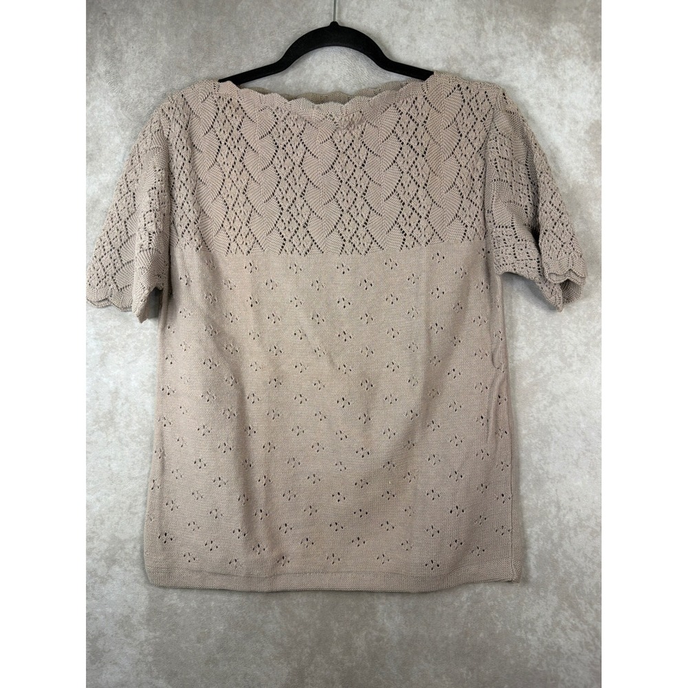 VTG NWT British Vogue Knit Top Women Large Beige  Pointelle Scalloped Size Med
